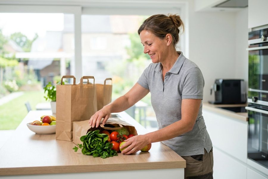 Aide-ménagère rangeant les courses dans la cuisine