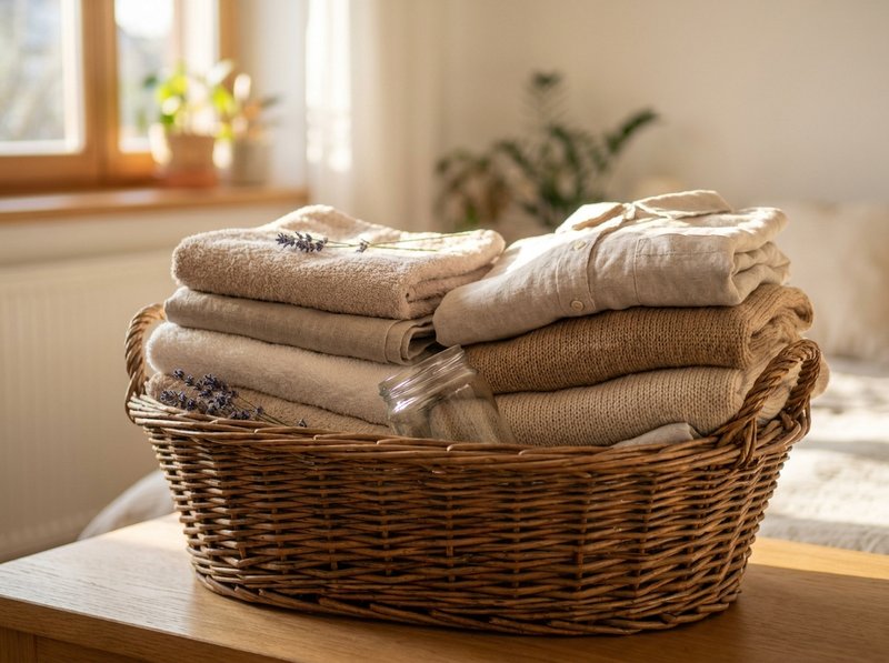 Mand met schone was, klaar om te strijken